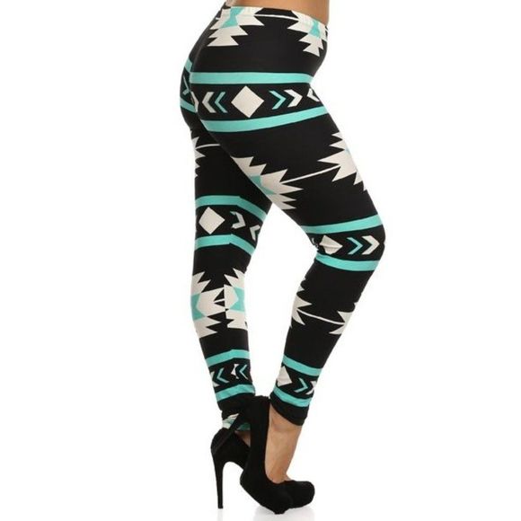 (Plus) Curvy Black White Teal Aztec Pattern Print Leggings - Picture 1 of 4